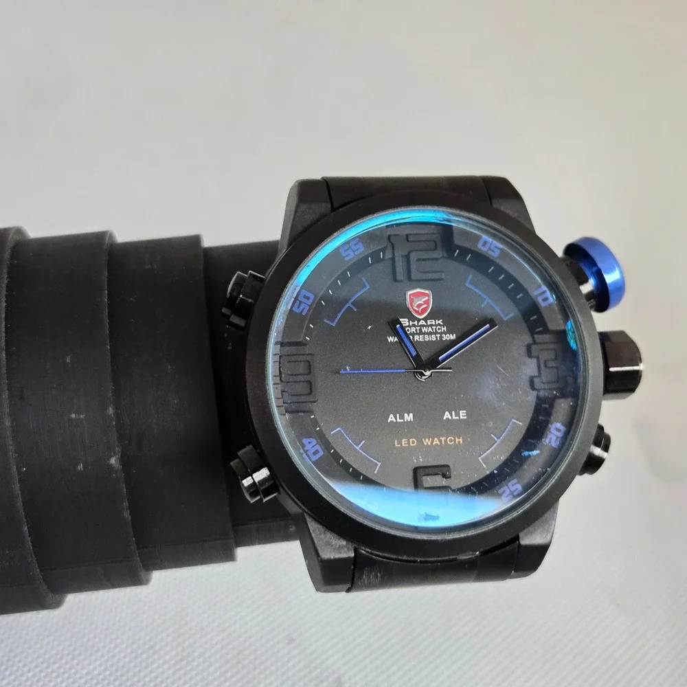 Shark Sport Watch Mens Black Dual Display Analog Digital Blue Crown 5.5in Tested